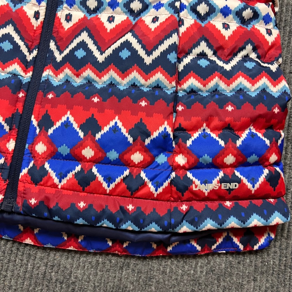 Lands End Womens 600 Down Puffer Vest Red Blue Fair Isle USA Aztec medium New - Picture 9 of 10